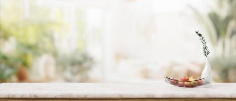 un blanco mármol escritorio en contra el borroso antecedentes de un moderno vivo habitación con plantas de interior foto