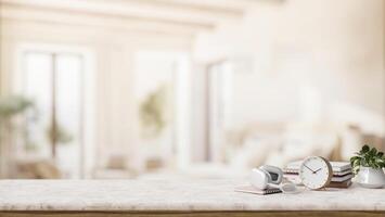 A luxury white marble tabletop with a copy space with a blurred elegant living room. photo