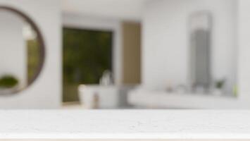 vacío Bosquejo espacio en un lujo blanco mesa con un borroso antecedentes de un moderno blanco baño. foto