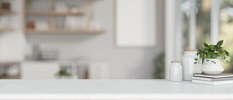 un Copiar espacio en un blanco mesa en un contemporáneo blanco vivo habitación. foto