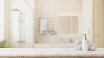 Toiletries and empty space on a white marble tabletop in a modern bright and clean bathroom. photo