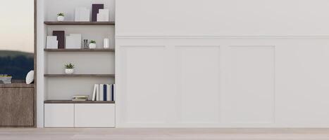 A contemporary home corridor features shelves, a white wall with molding, and parquet flooring. photo