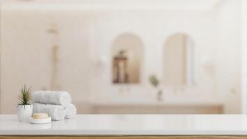 Toiletries and empty space on a white tabletop with a blurred background of a luxury bathroom. photo