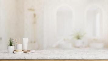 Toiletries and empty space on a white marble tabletop with a blurred background of a luxury bathroom photo