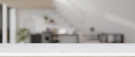Empty mockup space on a white tabletop with a blurred background of a modern home office. photo