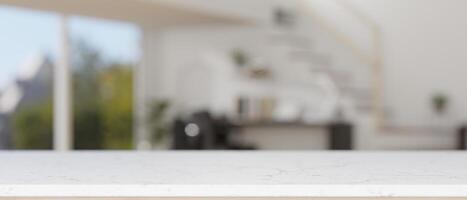 Empty mockup space on a white tabletop with a blurred background of a modern home office. photo