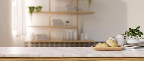 A display space on a white marble table showcases products in a minimalist room. photo