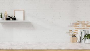 A display space on a white marble table showcases products against the white brick wall. photo