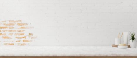 A minimal white tabletop with a set of toiletry against the minimal white rustic brick wall. photo