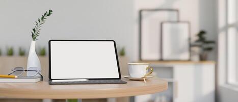 A white-screen digital tablet mockup and decor on a wooden table in a minimalist white room. photo