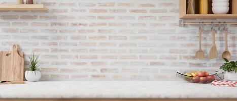 A space on a white kitchen tabletop with minimalist utensil and decor against the brick wall. photo