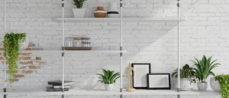 A minimal rustic white brick wall with a modern wall shelf, home decor, and houseplant in pots. photo