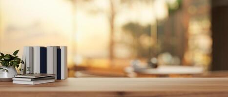 A wooden tabletop against a blurred background of a sunset view in a restaurant. photo