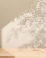 A minimal wooden board or tabletop is set against the white wall, with leaf shadows and sunlight. photo