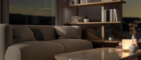 Interior design of a contemporary living room at night with dim light, a couch and a coffee table photo