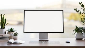 A computer white-screen mockup, a keyboard, books, and potted plants on a desk against the window. photo