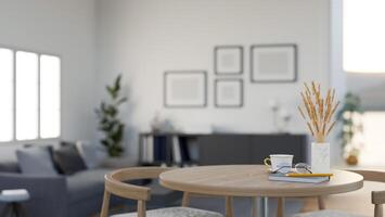 un redondo de madera mesa con de madera sillones en un contemporáneo y cómodo vivo habitación. foto