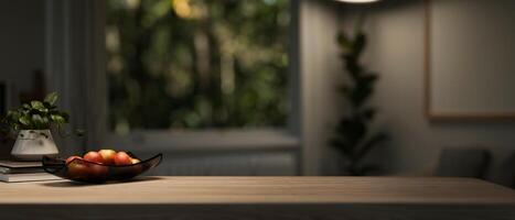 A copy space for displaying products on a wooden tabletop in a dark living room with a dim light. photo