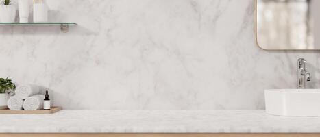 A modern, luxurious white marble bathroom countertop features a sink, a mirror, a toiletry set. photo