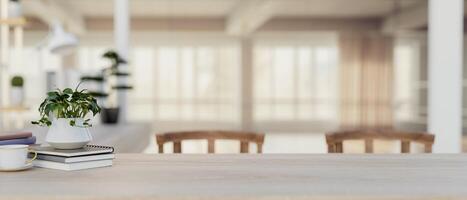 un espacio para mostrando productos en un minimalista de madera mesa con un borroso antecedentes de un habitación. foto