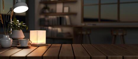 un Copiar espacio para mostrando productos en un de madera mesa en un oscuro minimalista habitación a noche. foto