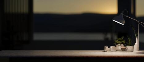 A table features a space for displaying products against the blurred, dark background in the room. photo