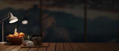 A wooden tabletop featuring a space for displaying products in a dark room at night. photo