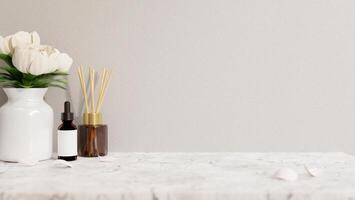 A space for showcasing products on a luxury white marble tabletop against the white wall. photo