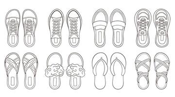 Female shoes collection in line art style. Set of casual woman footwear shoes, sneakers and boots. illustration isolated on a white background. vector
