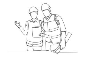 Single one line drawing young construction manager do short brief to builder coordinator on site. Building architecture business concept. Modern continuous line draw design graphic illustration vector