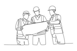 Continuous one line drawing smart young construction coordinator discussing construction design plan to team member. Building architecture business. Single line draw design graphic illustration vector