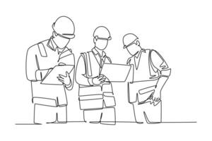 Single one line drawing young managers explaining short brief about construction concept to construction builders. Building architecture. Modern continuous line draw design graphic illustration vector