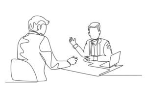 Single one line drawing of two young businessmen exploring new business and discussing agreement to merge their business. Business deal concept. Continuous line draw design graphic illustration vector