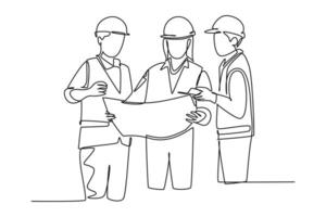 Continuous one line drawing attractive young architect discussing construction design with foreman manager. Building architecture business concept. Single line draw design graphic illustration vector