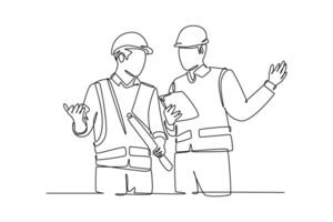 Single one line drawing of young construction manager giving instruction to foreman coordinator. Building architecture business concept. Modern continuous line draw design graphic illustration vector