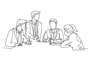 Single continuous line drawing of senior manager giving instruction to raise product sales to marketing team members in the meeting. Business briefing. One line draw graphic design illustration vector