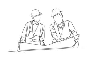 Continuous one line drawing smart young manager listening construction concept presentation from architect. Building architecture business concept. Single line draw design graphic illustration vector