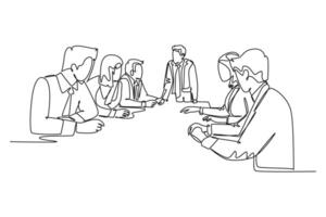 Single continuous line drawing of young happy board of directors discussing company profit sharing during meeting. Business training concept. Dynamic one line draw graphic design illustration vector