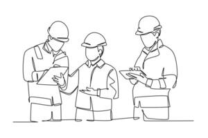 Single one line drawing of young architect, manager and engineer meeting at building construction site. Building architecture business. Modern continuous line draw design graphic illustration vector