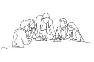 Single continuous line drawing young startup founders brainstorming innovation ideas in a meeting at the office. Business presentation concept. Dynamic one line draw graphic design illustration vector
