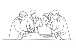 Single continuous line drawing young happy startup workers facing laptop computer to listen the CEO presenting business plan. Business meeting. Dynamic one line draw graphic design illustration vector