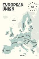 póster mapa de el europeo Unión con país nombres vector