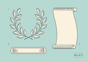 Set of old vintage ribbon banner and laurel wreath in engraving style. Hand drawn design element. illustration. vector