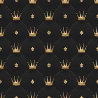 Seamless gold pattern with king crowns and fleur-de-lys on a dark black background. illustration. vector