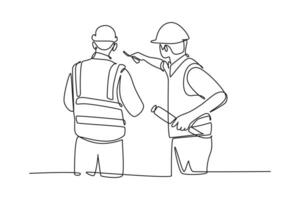 Continuous one line drawing of young foreman construction builder meeting with business owner talking building facility. Building architecture business. Single line design graphic illustration vector