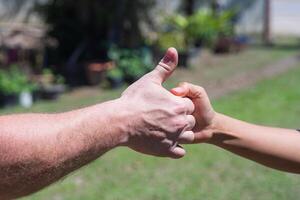 Close-up of two hands showing signals of success and good photo