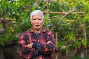 Portrait of elderly Asian man arms crossed, smiling and looking at the camera while standing in a garden. Space for text. Concept of aged people and healthcare photo
