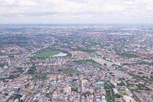 Aerial view of townscape seen through the airplane window photo