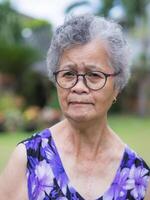 Portrait of a senior woman with short gray hair, wearing glasses and looking at the camera while standing in a garden. Concept of aged people and healthcare photo