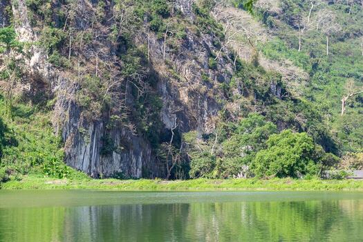 Scenic view landscape of pond with mountains background in Northern Thailand photo
